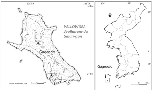 Fig. 1. Investigated area and routes in this study. 으로 알려져 있으나 정밀한 자생지 조사는 미약한 실정이다. 따 라서 본 연구에서는 기존 문헌의 식물목록을 검토하고, 가거도  현지조사를 수행하고 증거표본을 확보하여 이에 기초한 정확한  관속식물상을 파악하며 한반도의 최서남단인 가거도의 식물지 리학적 중요성을 검토하였다