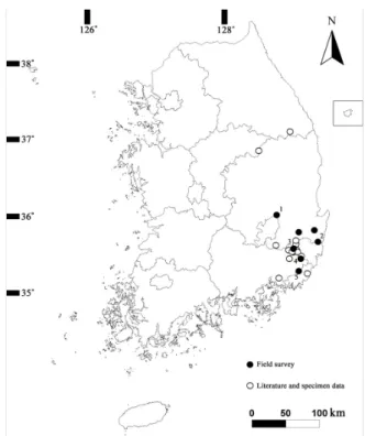 Fig. 1. Distribution map and sampling sites (1-5) of D. 