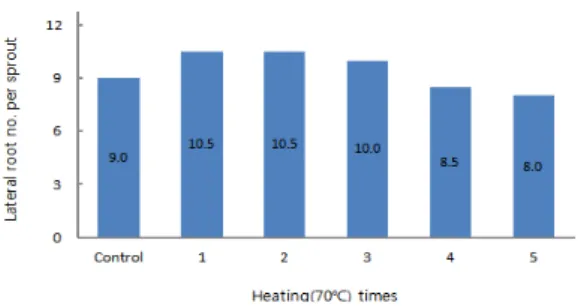 Fig. 8. Changes in lateral root number of cowpea sprouts  according to the heating(70℃) period of raw seeds