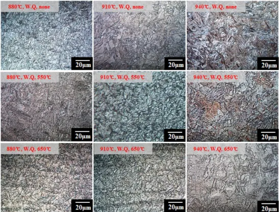 Fig. 5.  OM images of water quenching specimens(Austenization temp., Cooling method, Tempering temp.)