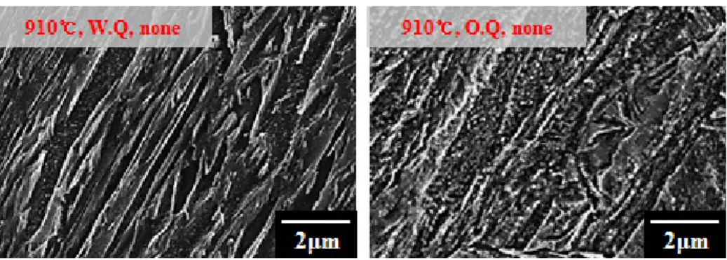 Fig. 9.  Martensite(left) and bainite(right) under heat treatment condition(Austenization temp., Cooling method, Tempering  temp.)
