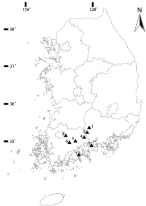 Fig. 1. Location of eight sampling sites of C. hylomeconoides (1. Sancheong; 2. Hadong; 3