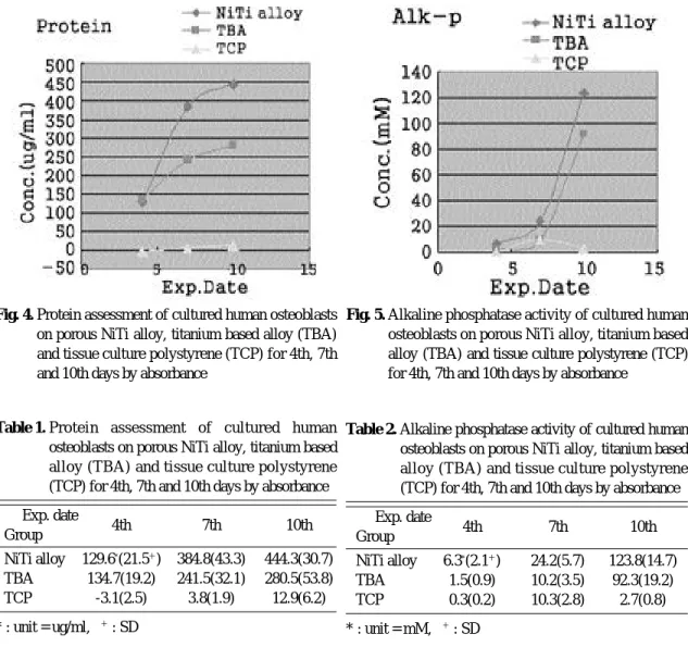 Fig. 4. Protein assessment of cultured human osteoblasts on porous NiTi alloy, titanium based alloy (TBA) and tissue culture polystyrene (TCP) for 4th, 7th and 10th days by absorbance