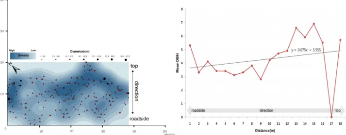 Fig. 4. Spatial distribution patterns of Ailanthus altissima communities (left) and Mean DBH values according to the  direction of habitat in Sancheong.