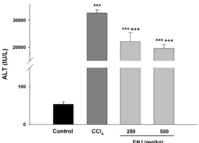 Fig. 2. Serum ALT activity of BALB/c mice treated with  vehicle (control; C), carbon tetrachloride (CCl 4 ; 40 mg/kg),  CCl 4  plus E