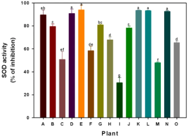 Fig. 2. CAT activities according to each kind of several  economic plants. Means with the same letter in a column are  not significantly different at p<0.05 level by Duncan’s multiple range test