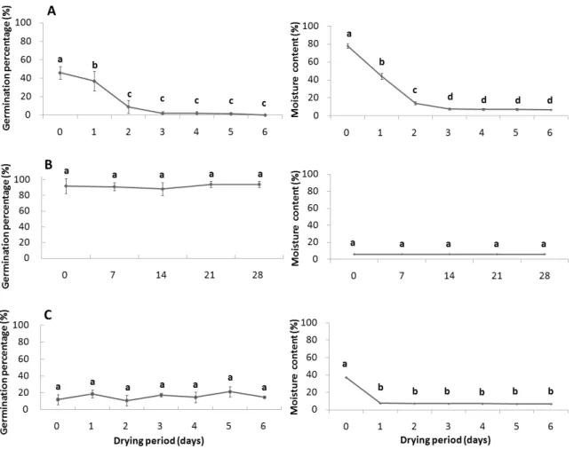 Fig. 2. Effect of drying period on seed germination percentage and moisture content of three Ulmus species