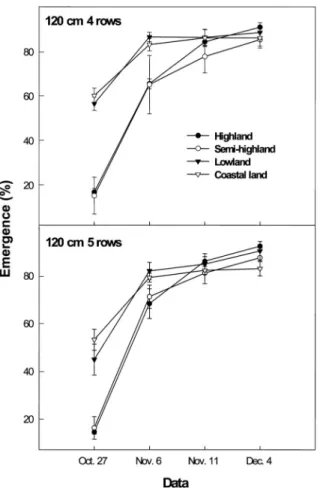 Fig. 3. Plant height of the shallot planted four or five rows in  120 cm ridges as affected by growing areas.