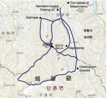 Fig. 1. A map of Gallasan(─── : survey route).
