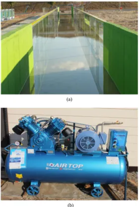 Table 1. Condition of experimental channel and barrier  generator Experimental channel Length (m) Width(m) Height(m) Material 50.0 2.0 1.5 Concrete +  Tempered glass Bubble generator Width (m) Height(m) Nozzle(EA) 1.9 1.6 24 2.3  실험방법 실험어류는  0.10 ~ 0.15 m의