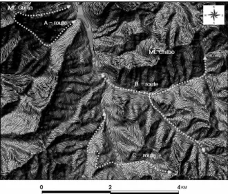 Fig. 1. The map of surveyed routes속리산은 문장대, 천황봉, 선유 및 쌍곡계곡 등의 경관자원, 법주사, 각연사와 같은 문화자원 등이 어우러진 천혜의 관광자원을 가지고 있어 많은 관광객과 등산객들이 방문한다