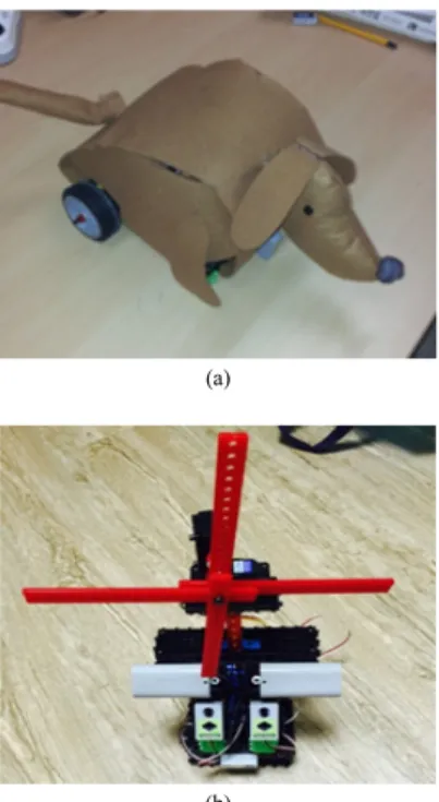 Fig. 2. Student learning outcomes, examples of creative  robot: (a) Artificial Intelligence Puppies INGUK-e,  (b) A Moving Electic Fan