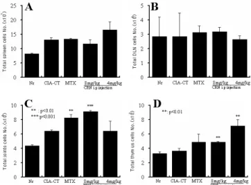 Fig. 4. The effect of CRN on the total cellnumber of spleen, DLN, paw joint, and thymus in CIA mice.