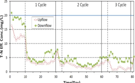 Fig. 3.  Variations of effluent SS concentration according to injection type. 유입방식에  따른  T-N  제거율  검토한  결과,  유입  T-N 은  10.0∼27.6mg/L  였으며  상향류  유출은  0.61∼ 13.27mg/L로,  하향류  방식은  1.88∼19.39 mg/L로,  상향 류  주입방식이  성능이  우수한  것으로  조사되었다