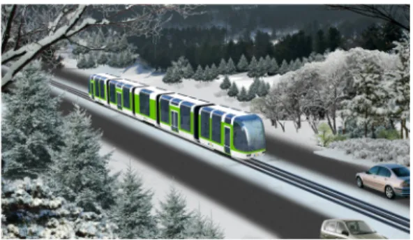 Fig. 1.  Intermodal tram on road       국내에서  도시철도차량용  대차프레임의  강도시험과  평가에  대한  연구가  수행되었고[1],  경전철  대차프레임 의  강도  평가에  대한  연구[2]가  수행된  사례가  있다