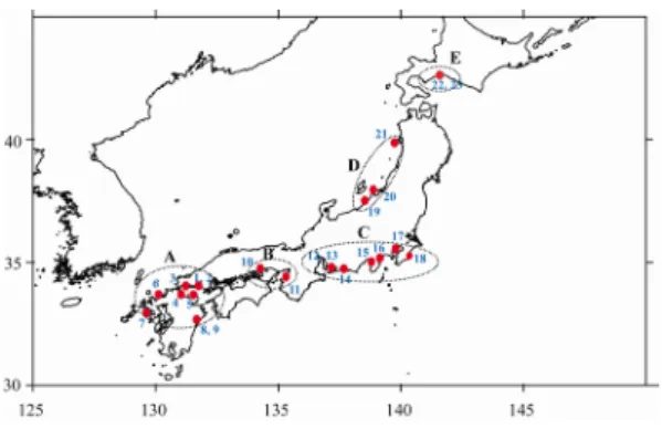 Fig. 1.  Location of stations ballasted by 23 vessels in the ports of Japan.   선박평형수내  환경  특성을  살펴보면,  수온은  선박평 형수의  조사기간에  따라서  뚜렷한  계절적인  차이를  보였 고,  동계에  저수온(평균  12.3±2.22 o C)  과  하계에  고수온 (평균  23.5±3.72 o C)을  유지하였다