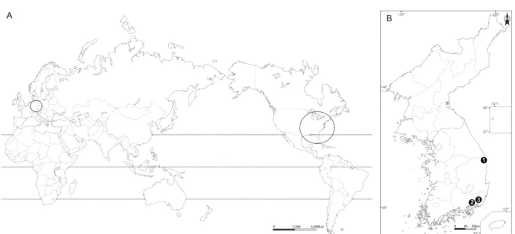 Fig. 3. Distribution of Viola palmata L. A. Global distribution. B. Collected sites from Korea