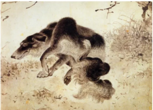 Fig. 16.  Black dog                 Fig. 17.  Mogyeondo    나무와  개를  함께  그린그림을  벽사용  그림으로  보는  견해도  있다[4] 3.12 돼지  삼국시대  기록을  보면  돼지는  하늘에  바치는  신성한  제물로  이를  위해  돼지만을  전담해서  키우는  관리가  있 었다고  하여,  수도와  왕비를  점지하는  신의  뜻을  전달하는  존재로  인식되었던  것으로  보인다