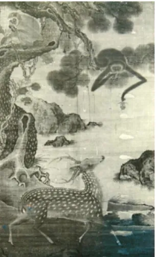 Fig. 11.  Zodiacal monkey of a sketchbook         Fig. 12.  <Sansuyeongmojeolji> 우리나라의  원숭이  그림으로는  장승업(張承業1843~ 1897)의  <산수  영모  절지>과  윤엄(尹儼1536~1581)의 원록도  <猿鹿圖>등  몇  작품이  전하고  있으며  작자와  연도가  미상인  조선  후기로  추정되는  민회로  <안  하이  갑도>는 