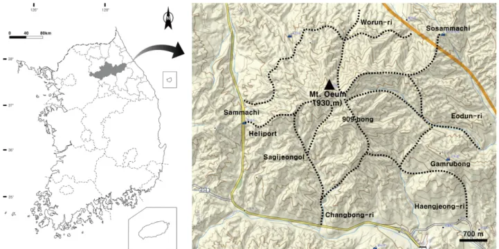 Fig. 1. Map of investigated area (left) and route (right).