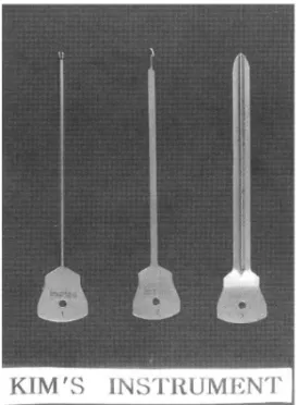 Fig . 1. The Kim's instrument is com- com-posed of 3 parts. 1 : sheath, 2 : retrograde knife, and 3 : supporting wing.