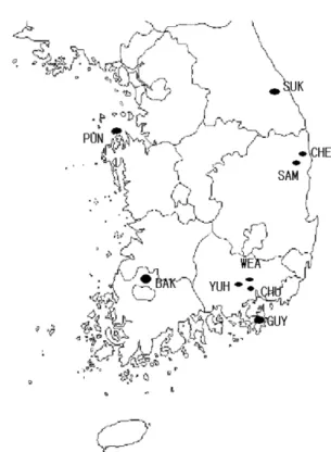 Table 2. Summary allele-frequency data for ten polymorphic loci among nine populations of Euphorbia ebracteolata in Korea.