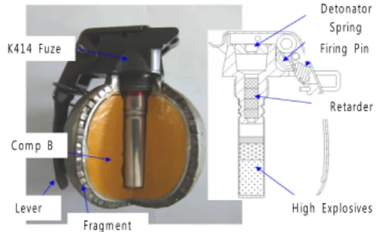 Fig. 1. The Cross Section of Hand Grenade and Main Parts 세열수류탄은  신관과  탄체  2개의  조립체  등  총  20여 개의  부품으로  구성되어,  제품의  복잡도가  크지  않고  조 기폭발이나  불폭  등의  악작용  발생시  인명에  직접적인  영향을  줄  수  있는  무기체계로서,  잠재위험을  식별하고,  식별된  잠재위험요소의  제거를  통해서  제품의  품질  및  신뢰성을  향상시키고  안