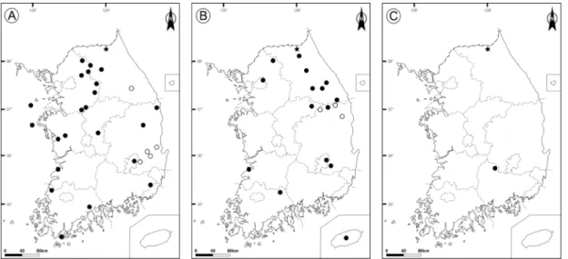 Fig. 2. Distribution maps of some plants with the northern distributional limit in the area of Mt