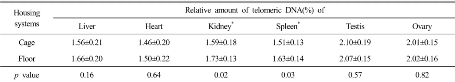 Table  3.  The  relative  amount  of  telomeric  DNA  of  lymphocytes  in  White  Leghorns  raised  under  cage  and  floor  system