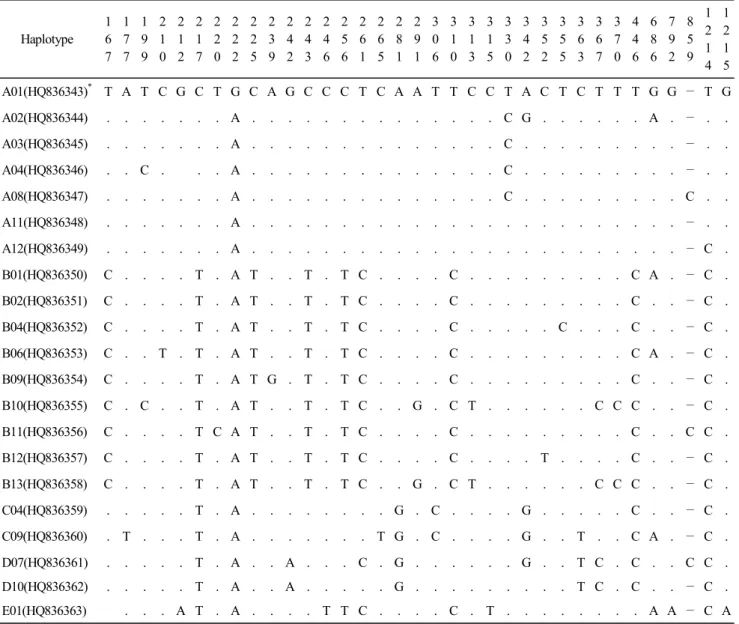 Table  2.  Haplotype  identified  among  these  studies.  Numbers  indicate  the  variable  site  positions,  dots  indicate  identical  sequences  (GenBank  Accession  no