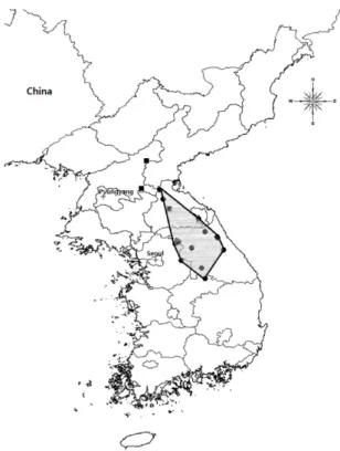 Fig.  1. Distribution of Hanabusaya asiatica (Nakai) Nakai in Korea. Some of known sites represented by squares were excluded here because of uncertainty based on the recent North Korea Red List information (Son, 2005)