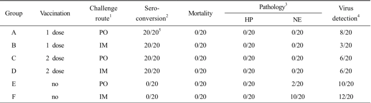 Table  2.  Seroconversion,  mortality,  pathological  findings  and  virus  detection  rate  in  the  SPF  chickens  after  challenge  with  FAdV-4 