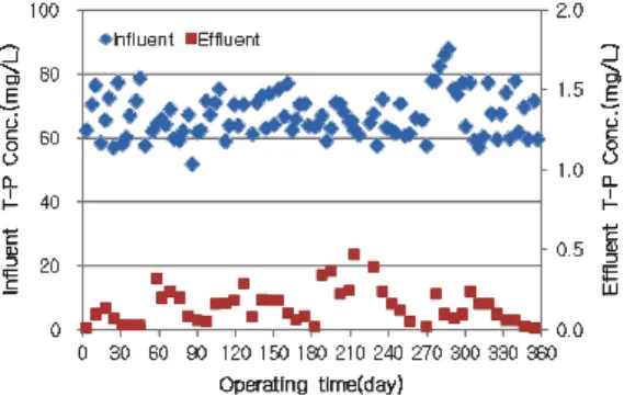 Fig. 8. Variations of T-P concentration of operating  time.   3.3 설계 및 실제운전 비교  수산물  가공폐수는  배출유량이  불규칙하고  비수기와  성수기가  구분되기  때문에  폐수처리장  설계당시의  설계 기준과  실제  운영현황에  많은  차이가  발생할  수  있다