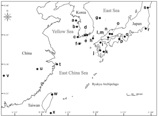 Fig. 1. Locations of 24 populations of warm temperate evergreen broad leaved plants sampled
