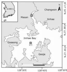Fig. 1. Location of the nutrient additional algal assay  sites in Jinhae Bay, Korea; open square and  circle indicates study sites in 2010 and 2011,  respectively
