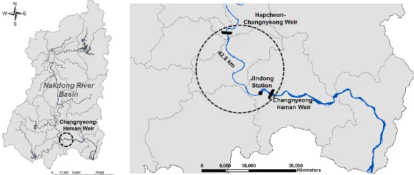 Fig. 1. Study Reach of Nakdong River for 1-dimensional Numerical Modeling1. 서론지속적으로  발생하는  홍수의  예방  및  기후변화에  대비한  하천정비를  목적으로  실시된  4대강  살리기  사업으로  인해  4대강에  총  16개의  보가  설치되었으며,  홍수터 정비  및  본류의  대대적인  준설이  수행되었다