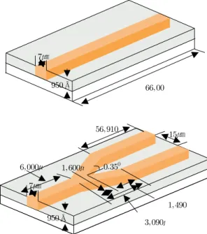 Fig. 2. The structure and dimension of optical waveguide  and Y-branch. 그리고  암과  암  사이의  거리는  두  암  사이의  모드결합을  방지하기  위하여  15㎛로  설정하였다