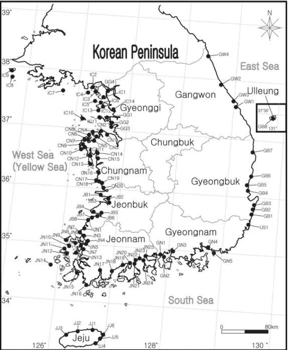Fig. 1. The salt marsh and sand dune areas surveyed for halophytes in Korea. The symbols of each area are corresponding to those of Table 1.
