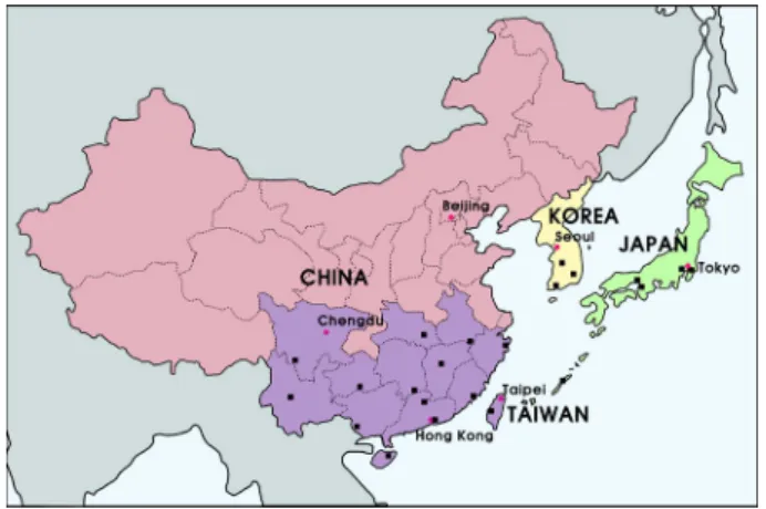 Fig. 3. Distribution of  Hedyotis corymbosa  (L.) Lam .  in the East Asia (solid square: distribution site).
