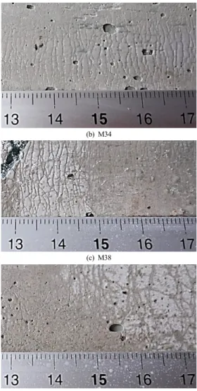 Fig. 6. Cracking patterns (Unit of number is cm)Fig. 5는  물/결합재비와  골재혼입에  따라  복합재료의 인장변형  성능,  즉  인장강도에  도달했을  때  변형률을  의미하는  극한  인장변형률을  나타낸다