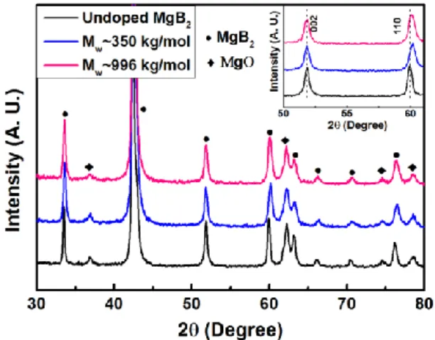 Fig.  2  shows  the  temperature  dependence  of  magnetization for undoped and PMMA-doped MgB 2  with  different  molecular  weights  of  PMMA