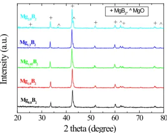 Fig. 2. XRD patterns of the Mg 1+x B 2  bulks heat-treated at  900°C for 1 h (x=-0.2, 0.0, 0.05, 0.3, 1.0)