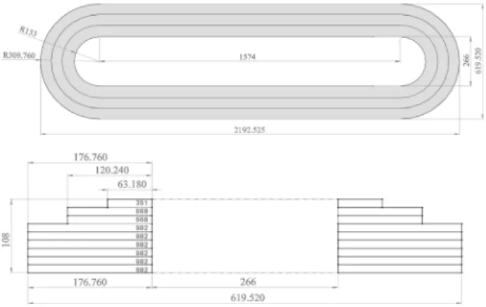 Fig. 3. Schematic view of a race-track type DP field coil for  10 MW class HTS wind generator, unit: mm