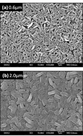 Fig. 3. The surface morphologies of MgB 2 /Al 2 O 3  films of  thicknesses (a) 0.6 µm and (b) 2.0 µm deposited at 540  o C