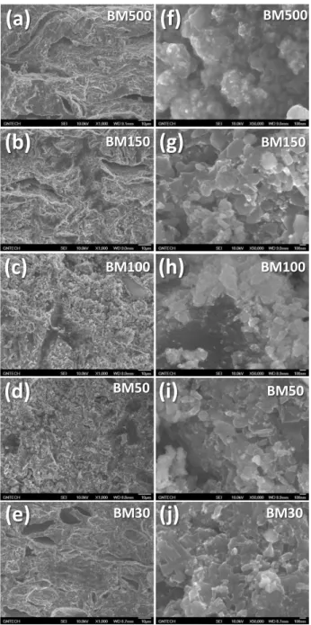 Fig. 3. FE-SEM images of the fractured surface of all  samples with different magnificatinos of (a)-(e) X1000  and (f)-(j) X50000