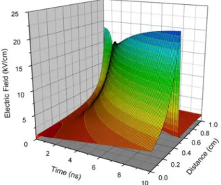 Figure  8.  Electric  field  magnitude  in  the  streamer propagation  calculation  for  the  first  10 ns .