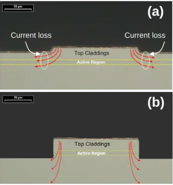 Fig.  3.  Cross-sectional  SEM  images  of  (a)  shallow  mesa  QCL  and  (b)  deep  mesa  QCL