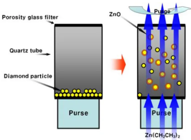 Fig. 1. ALD를 이용한 다이아몬드 파우더 표면에 ZnO박막 증착 과정(diamond-to-diamond  bonding)의  생성에  장애가  된다