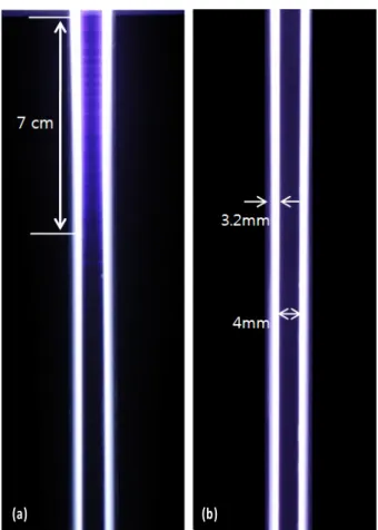 Figure 2. Photographs  of  plasma  jet  columns.  The  streamer is generated between two plasma  columns of glass tube operated with different polarities of voltage in (a) and the streamer is not appeared when the jets are operated with the same polarity o