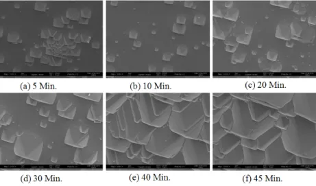 Figure 4. Textured surfaces of Si-cell with various etching times, (a) 5 min, (b) 10 min, (c) 20 min, (d) 30 min, (e) 40 min, (f) 45 min.